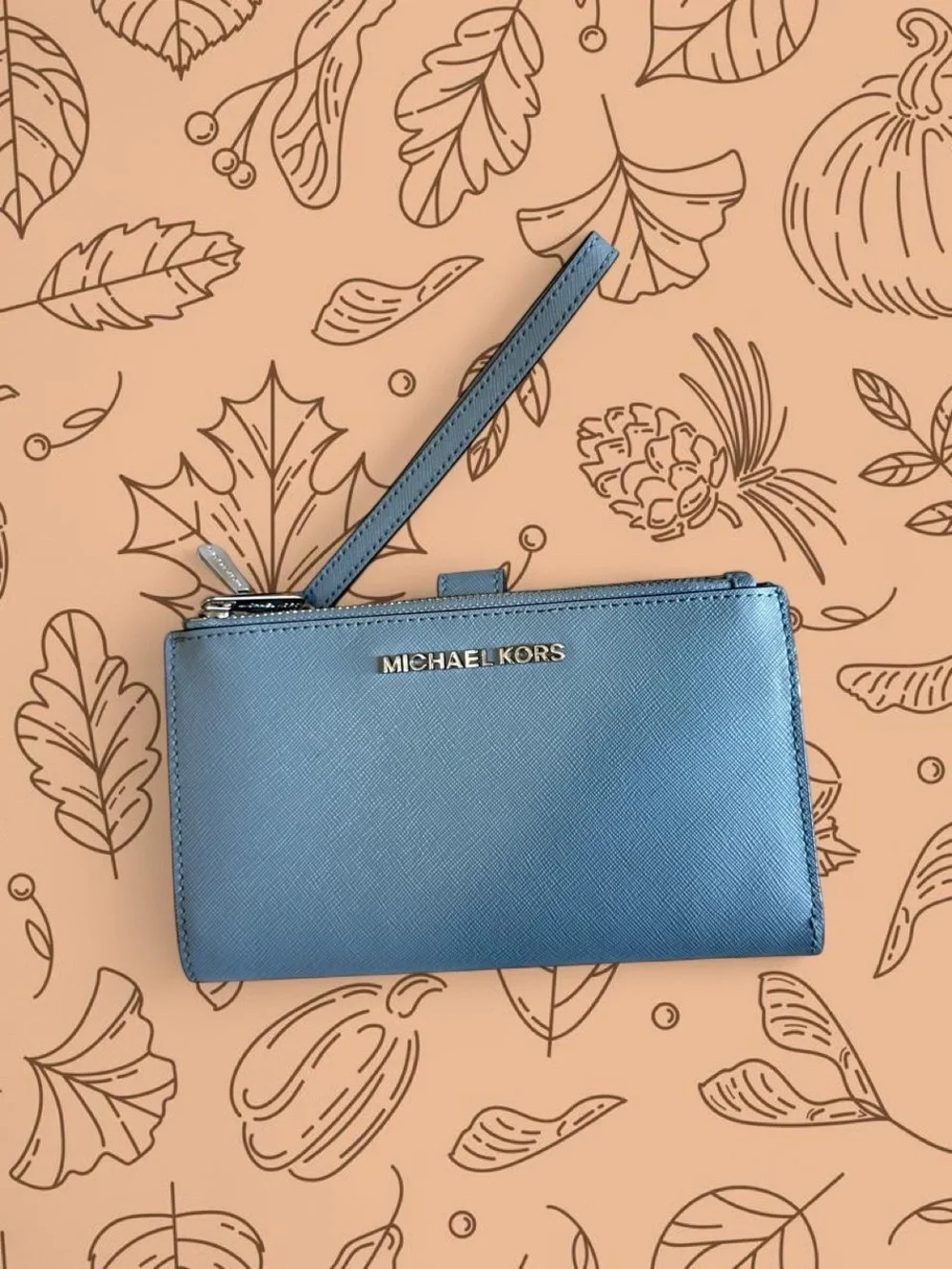 Michael Kors Light Blue Wristlet Clutch with Gold Logo